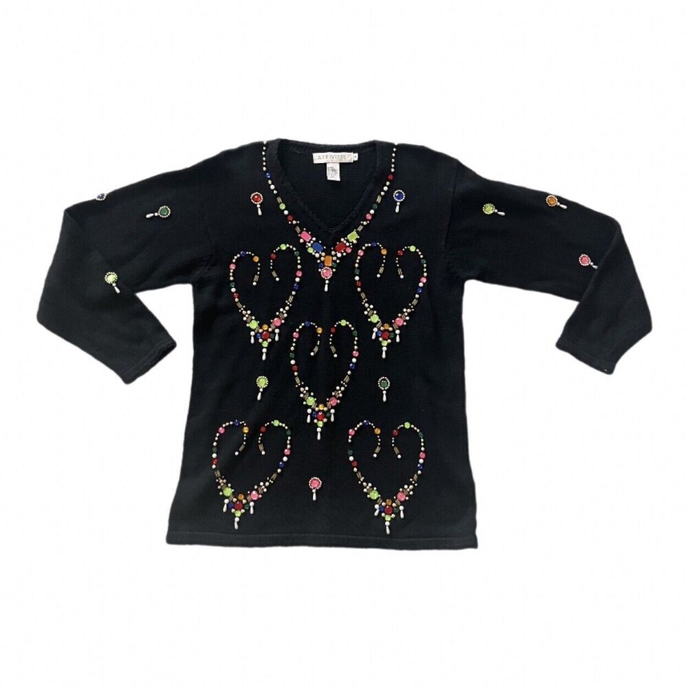 ARRIVISTE Vintage Multi Colored HEART SHAPE Gemstone Embellished Sweater Size M